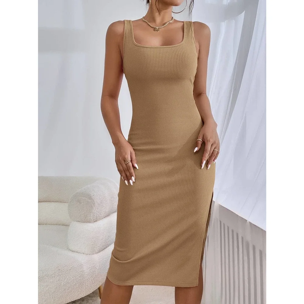 Square neck Ribbed Knit Split Thigh Tank midi Dress royal blue - Picture 12 of 15